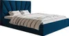 A blue upholstered bed with a patterned duvet and two pillows. Náhled obrázku produktu