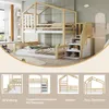 A multi-panel image showcasing a wooden bunk bed with storage stairs, including close-ups of features and the main product in a room setting. Produktbild-Vorschau