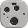 The back of a small electronic device, likely a clock or alarm, showing various controls and markings. Produktbild-Vorschau