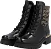 A pair of black patent leather lace-up boots with a decorative patterned cuff and a gold accent on the heel. Voir les images du produit