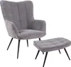 A gray upholstered armchair and ottoman with black metal legs are displayed against a white background. Náhled obrázku produktu