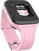 A pink smartwatch with a black screen displaying the time and a cartoon cat. Produktbild-Vorschau