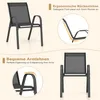 Collage of images showing details of a black outdoor chair, with text highlighting its features. Náhled obrázku produktu