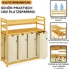 A bamboo laundry sorter with four fabric bins and two shelves, shown with inset images demonstrating its weight-bearing capacity and structural design. Anteprima dell’immagine prodotto