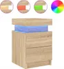 A wooden nightstand with blue LED lighting, shown with small inset images demonstrating other lighting colors. Náhľad obrázku produktu