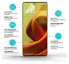 A smartphone screen displaying a wallpaper with protective film and feature callouts. Produktbild-Vorschau