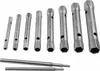 A set of silver-colored tubular wrenches and two extension rods are laid out on a white background. Produktbild-Vorschau