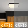 A comparison image showing a ceiling light with different CRI values, highlighting the difference in light quality on kitchen cabinets. Voir les images du produit