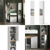 A collage of images showing a modern bathroom cabinet with white and wood accents, including different views and an open cabinet. Náhled obrázku produktu