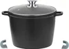 A black cooking pot with a glass lid and silver handle, shown from a slightly diagonal front view. Two grey silicone pot handle covers are placed at the bottom corners of the image. Anteprima dell’immagine prodotto