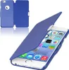 A blue flip cover case for an iPhone is shown, with the phone inside and the cover partially open. Produktbild-Vorschau