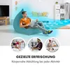 A man relaxing on a beanbag chair with a laptop, with smaller circular images showing people exercising, working at a desk, and playing. Produktbild-Vorschau