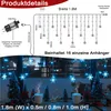 A diagram of a snowflake LED string light set with measurements and a photo of the lights decorating a window with Christmas trees and mugs. Anteprima dell’immagine prodotto