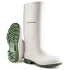 A pair of white Dunlop Stiefel Pricemastor boots with green soles and treads, shown against a white background. One boot is standing upright, and the other is lying on its side, showing the sole. Produktbild-Vorschau
