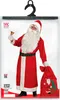 A Santa Claus costume displayed in its packaging, with a model wearing the costume and holding a bell and a gift sack. Produktbild-Vorschau
