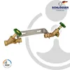 A product shot of a brass water valve assembly with green handles, mounted on a silver bracket, against a white and light gray background with graphic elements. Náhľad obrázku produktu