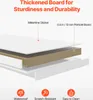 Diagram showing the layered construction of a thickened board for sturdiness and durability, with labels for melamine sticker and particle board. Below are icons representing waterproof, scratch-resistant, and easy-to-clean features. Podgląd zdjęcia produktu