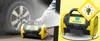 A split image showing a car tire being inflated by a portable air compressor on the left, and a close-up of the air compressor with a lightbulb icon on a yellow background on the right. Produktbild-Vorschau