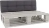 A close-up studio shot of a pallet sofa cushion with a dark gray tufted backrest and a light gray wooden pallet base. Náhled obrázku produktu