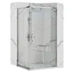 A modern shower cabin with glass doors and chrome fixtures, set against a marble-patterned wall. Produktbild-Vorschau