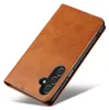 A brown leather flip phone case is shown against a white background. Produktbild-Vorschau