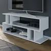 A white TV stand with a television on top, and various electronic devices and books on its shelves. Podgląd zdjęcia produktu