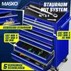 A blue tool chest with drawers, showing tools inside and marketing text overlays. Produktbild-Vorschau