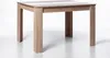 A square wooden dining table with a white and brown striped top, shown against a white background. Produktbild-Vorschau