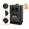 A black wood-burning stove with glass doors and labels pointing out features. Produktbild-Vorschau