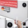 A marketing image showcasing a white hybrid heater with a digital display, remote control, and app interface. Produktbild-Vorschau