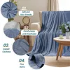 A blue blanket draped over a sofa, with close-up insets highlighting its features. Produktbild-Vorschau