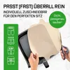 A person is cutting a baking liner to fit into an air fryer basket, with text overlays describing the product's features. Produktbild-Vorschau