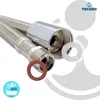 A close-up studio shot of a flexible metal hose and its fittings, with a logo and graphic elements in the background. Produktbild-Vorschau