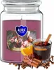 A large scented candle in a glass jar with a label depicting mulled wine and spices, with a glass of mulled wine and spices in the foreground. Podgląd zdjęcia produktu