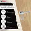 A door handle set is shown with a list of included items. Produktbild-Vorschau