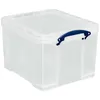 A clear studio shot of a transparent storage box with a blue handle. Produktbild-Vorschau