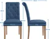 Front and side views of a blue upholstered dining chair with dimensions indicated by measurement lines and text. Produktbild-Vorschau