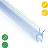 A clear, close-up product shot of a transparent shower door seal with blue accents, set against a white background. Icons indicating cutting tools are present. Produktbild-Vorschau