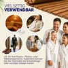 Collage showing different uses of a wooden mat, including in a sauna, with people in bathrobes, and as a shoe rack. Produktbild-Vorschau