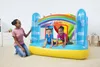A woman is kneeling next to an inflatable rainbow-themed trampoline while two children are playing inside. Voir les images du produit
