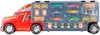 A toy truck transporter with miniature cars and accessories inside. Voir les images du produit