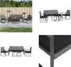 A collage of images showing a dark gray rattan garden dining set with cushions, including a sofa, chairs, and tables, in different settings and close-ups. Náhľad obrázku produktu