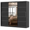 A black sliding door wardrobe with a mirrored center panel, reflecting a bedroom interior. Produktbild-Vorschau