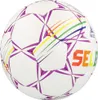 A close-up studio shot of a soccer ball with rainbow-colored accents and purple stitching. Produktbild-Vorschau