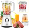 A collage of a white 7MAGIC 3-in-1 kitchen machine with various attachments and ingredients, including fruits, vegetables, meat, and legumes, along with a glass of orange juice. Produktbild-Vorschau