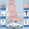 A pink ergonomic office chair with various features highlighted by text overlays and diagrams. Voir les images du produit