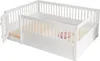 A white wooden children's bed with a gate and railings. Produktbild-Vorschau