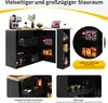 A multi-panel image showcasing a black kitchen bar with a wooden countertop, highlighting its storage features like drawers, shelves, and a wine rack. It also includes close-ups of the drawers and a side snack rack. Náhled obrázku produktu