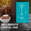 A patio heater with drinks and snacks on a table, with a diagram showing its dimensions. Produktbild-Vorschau