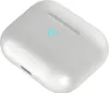 A white wireless earbud charging case is shown from a slightly elevated angle against a white background. A small blue light is illuminated on the top of the case. Produktbild-Vorschau